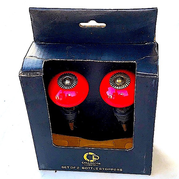 CASA DECOR BOTTLE STOPPERS SET RED SILVER & BRASS METAL - Picture 8 of 8